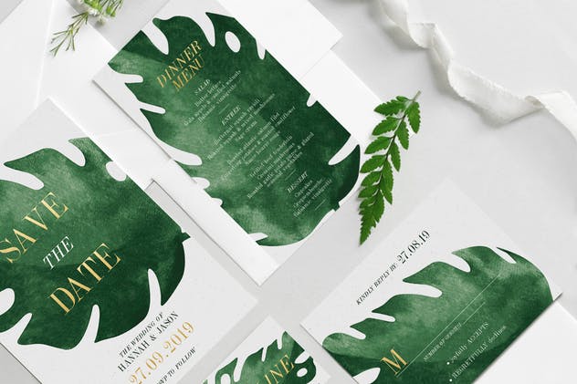 优雅热带植物装饰婚礼邀请函设计模板套装 Elegant Tropical Wedding Suite插图(1)