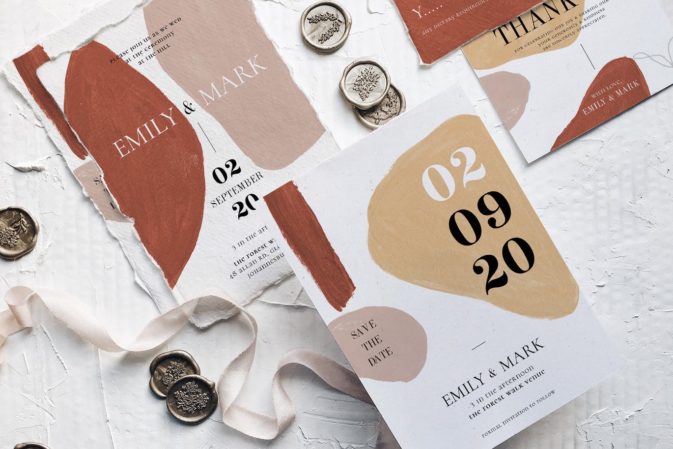 现代抽象水彩图案撕纸风格婚礼邀请设计套件 Modern Abstract Wedding Suite插图(4)