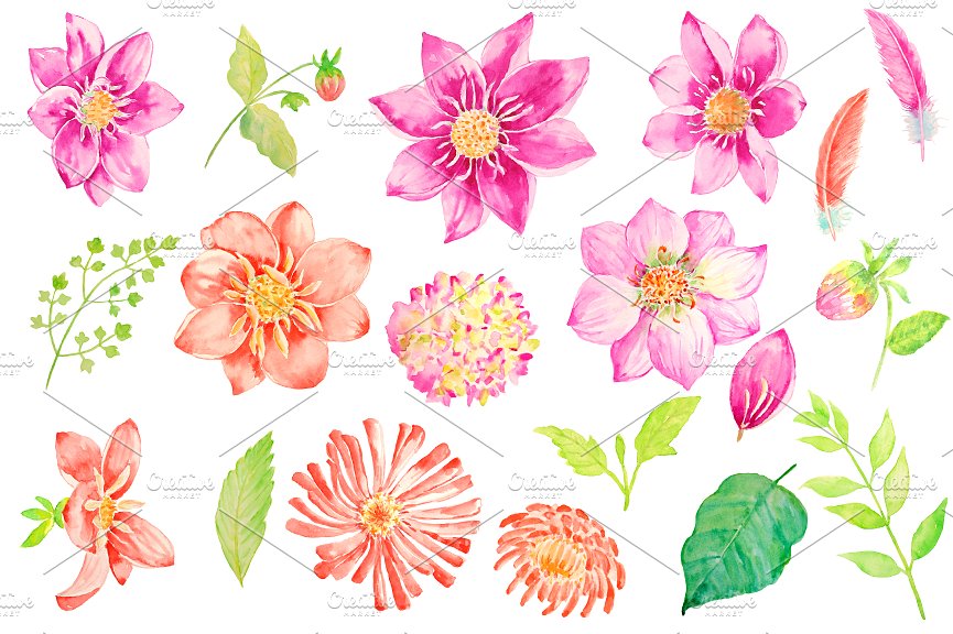 婚礼请柬、结婚贺卡水彩大丽菊花束剪贴画  Watercolor Wedding Dahlia Bouquet插图(1)