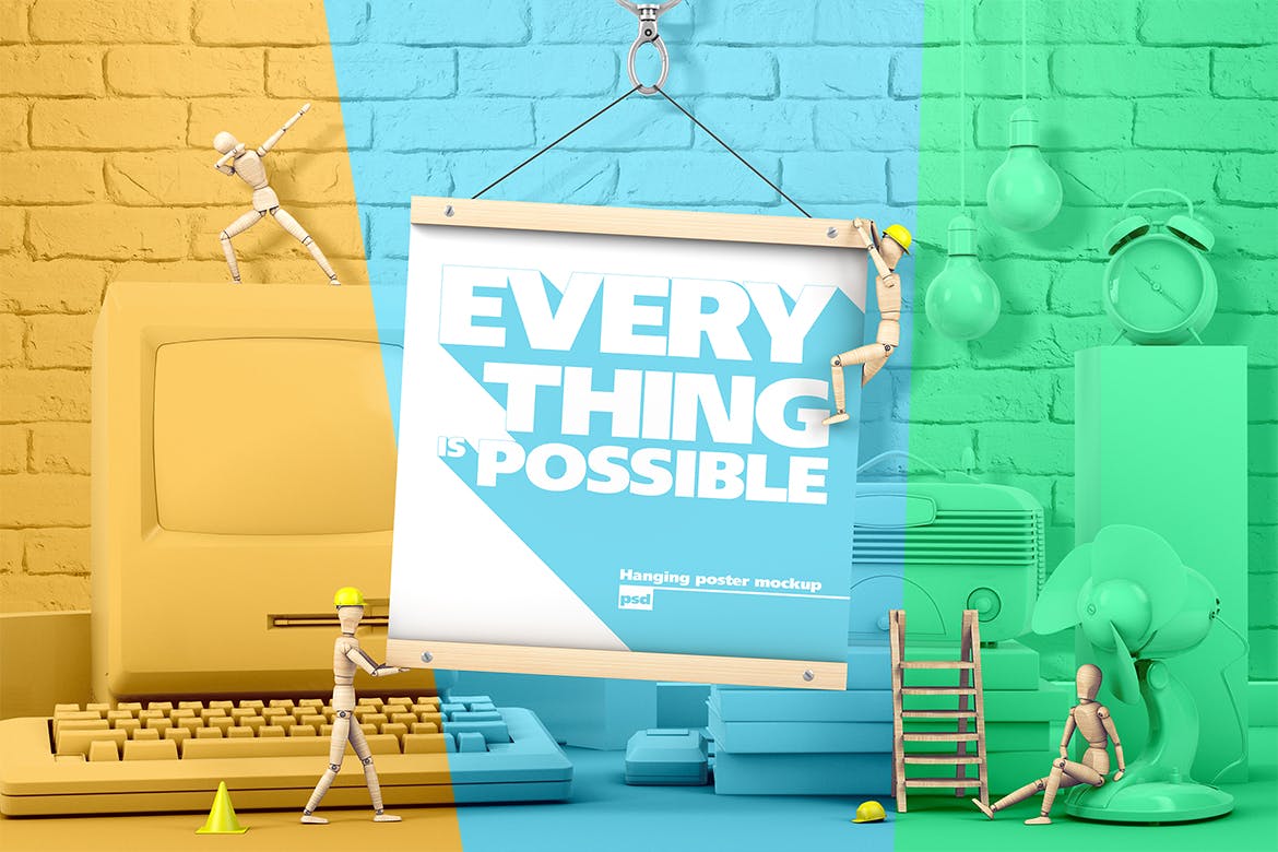 创意木偶场景海报设计效果图样机素材库精选 Square Hanging Poster With Wooden Men Mockup插图(1)