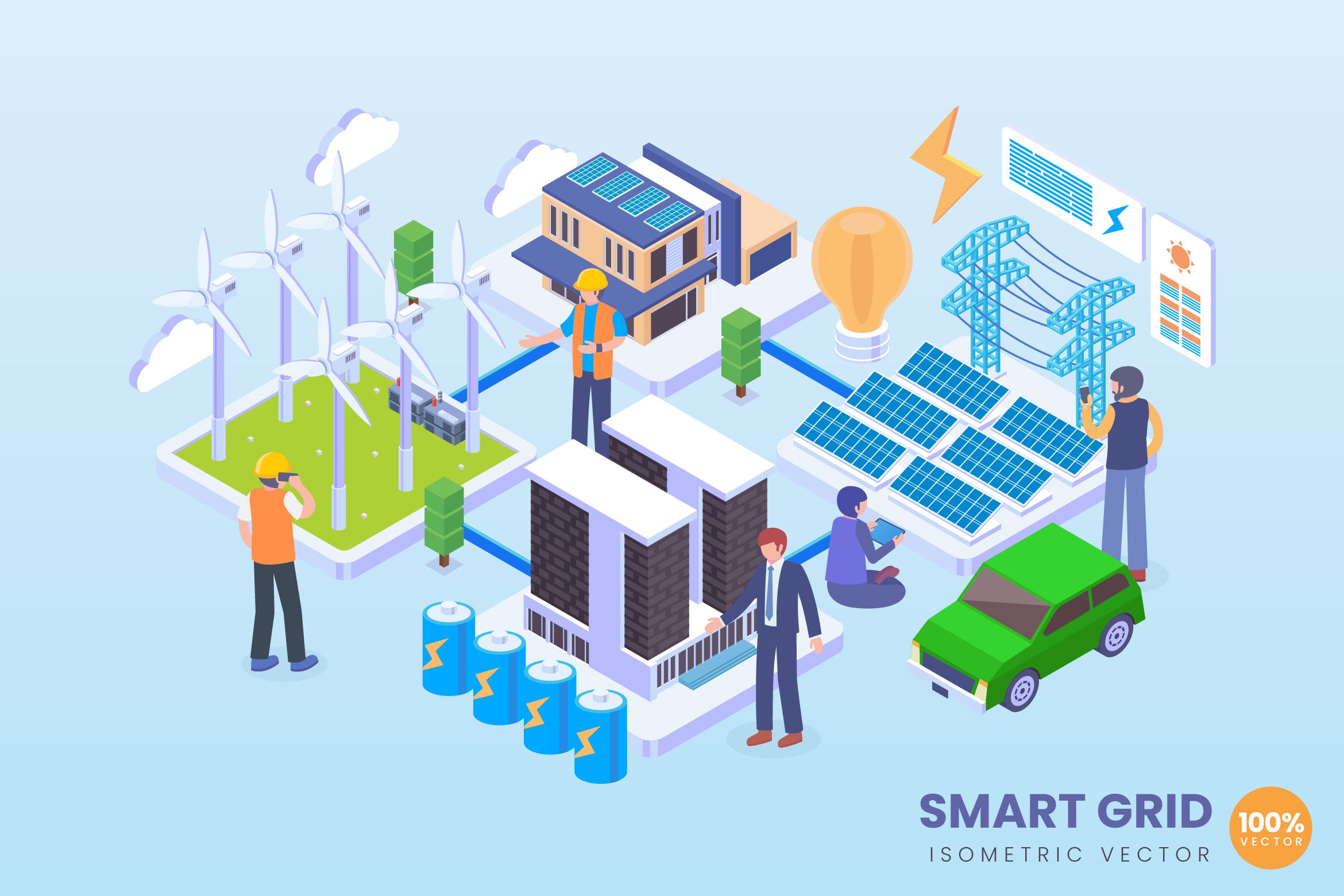 智能电网主题2.5D矢量等距概念插画 Isometric Smart Grid Electricity Vector Concept插图