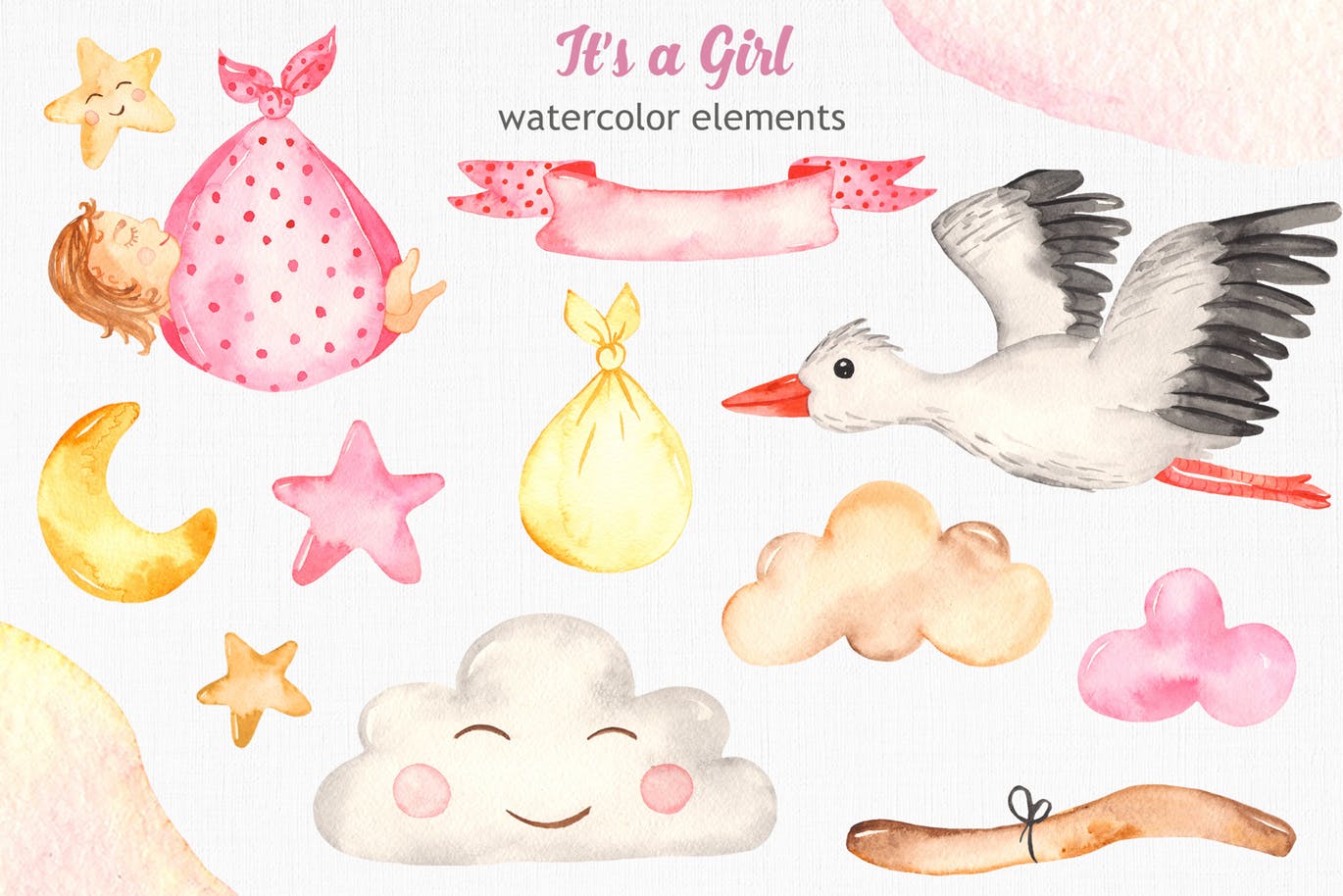 女新生儿婴儿水彩手绘矢量剪贴画/卡片/无缝图案背景素材 It’s a girl watercolor clipart, cards, patterns插图(1)