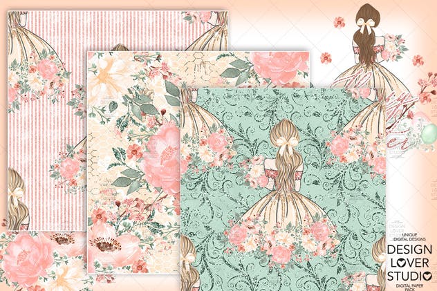 复活节快乐女孩水彩花卉剪贴画套装 Happy Easter Girl digital paper pack插图(2)