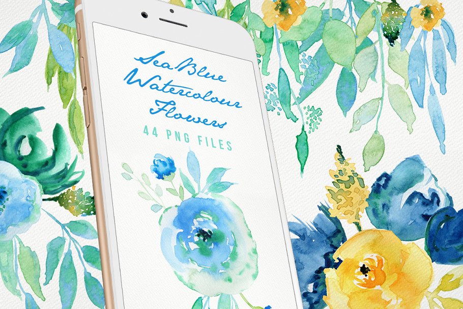 手绘海蓝色水彩花卉图形元素 Sea Blue Flowers插图