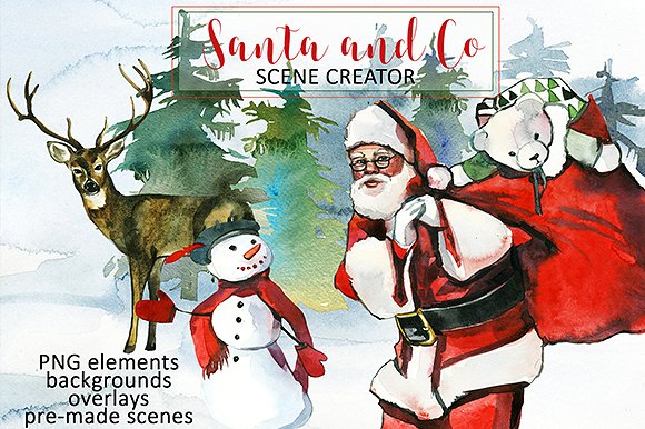 手绘圣诞节主题水彩设计素材包 Santa & Co Christmas Clipart Set插图