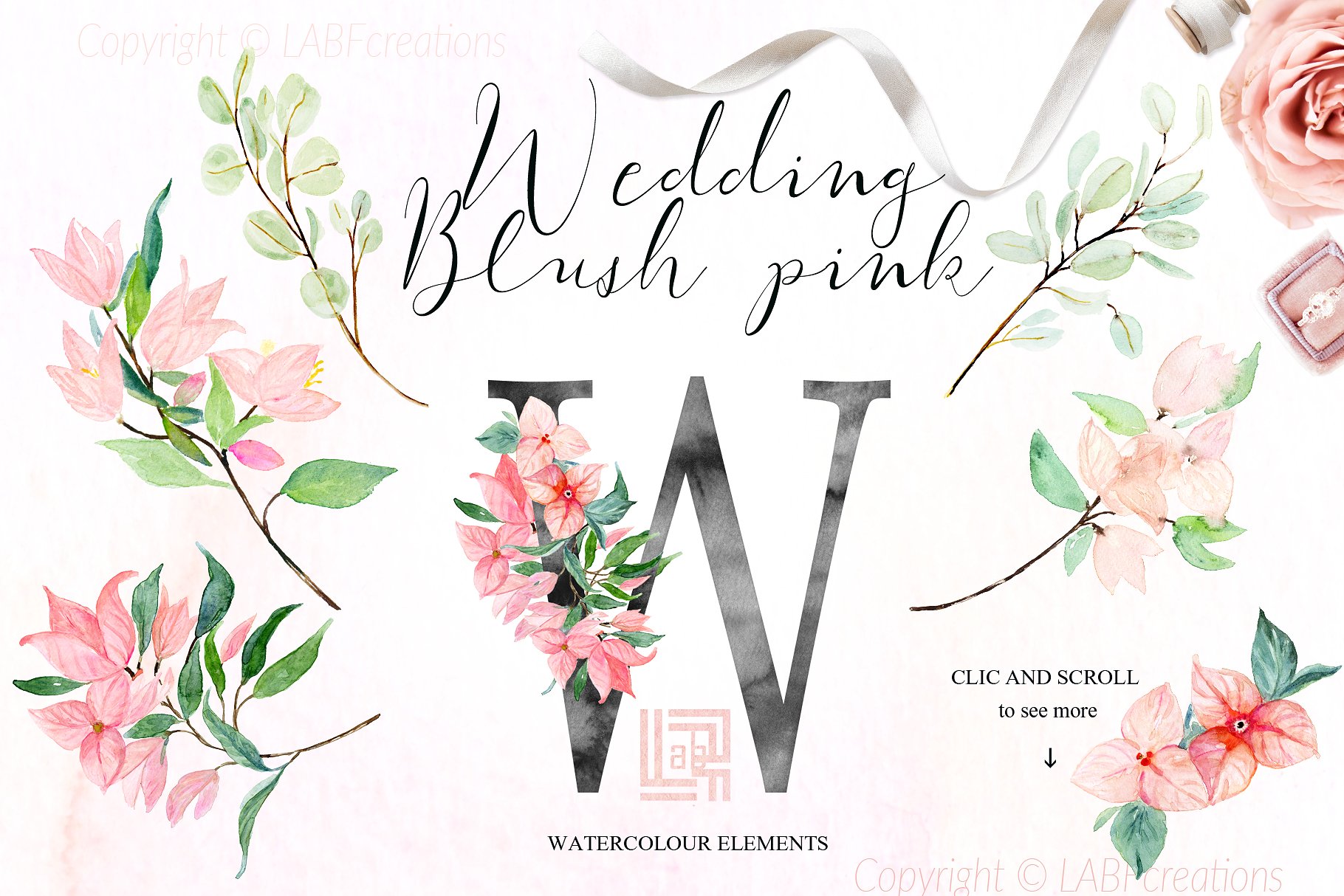 胭脂红水彩花卉元素，花环，花式字母… Blush pink bougainvillea插图(11)