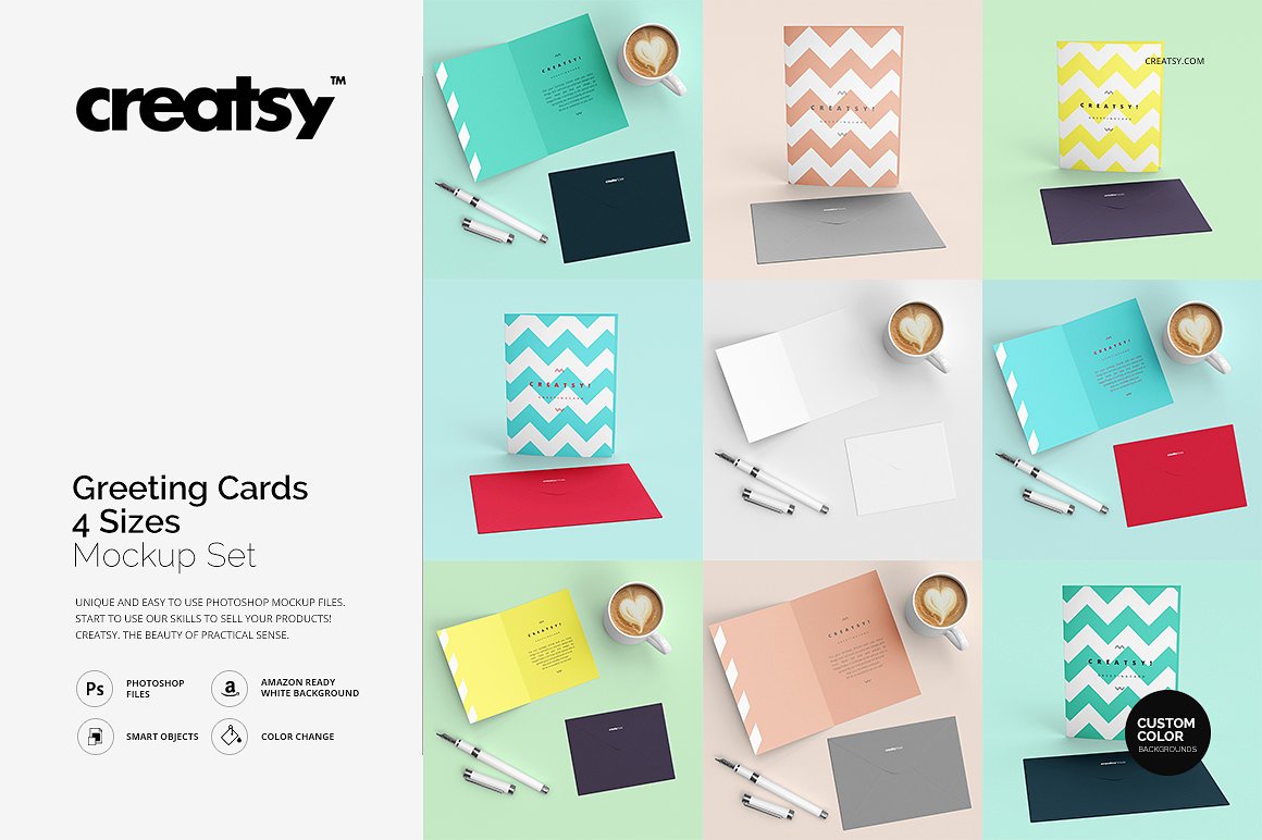 4种不同规格贺卡样机模板 Greeting Cards 4 Sizes Mockup Set插图