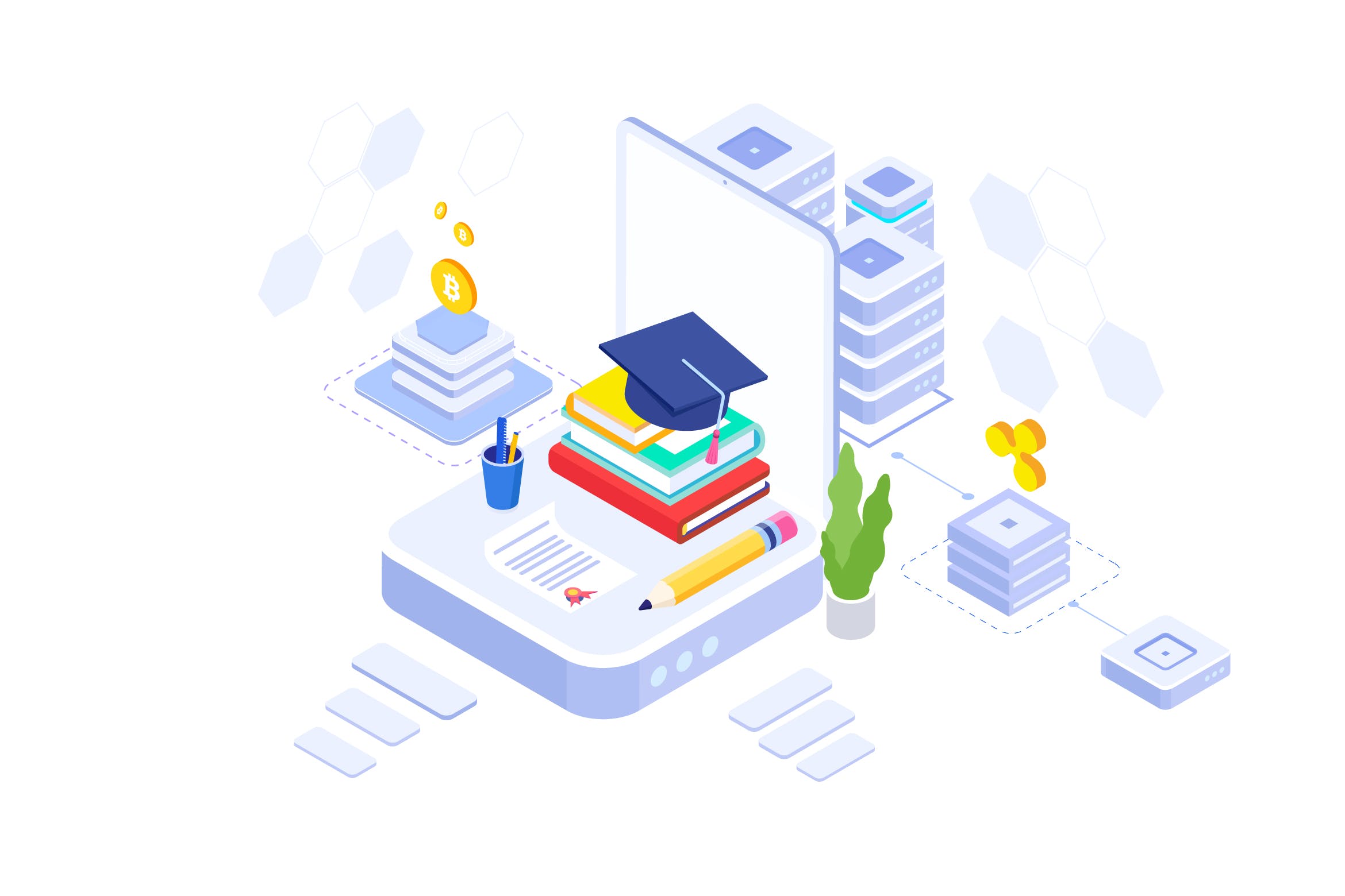 教育基金区块链平台等距概念插画v4 Education Fund Blockchain Platform Isometric – FV插图
