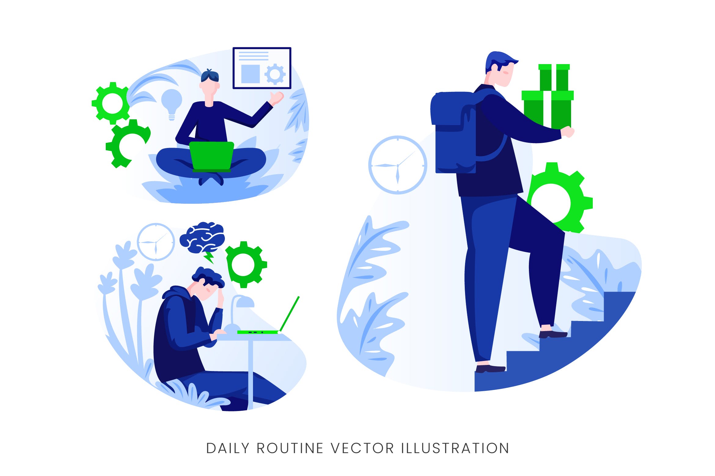 每日例行任务执行人物形象素材库精选手绘插画矢量素材 Daily Routine Vector Character Set插图