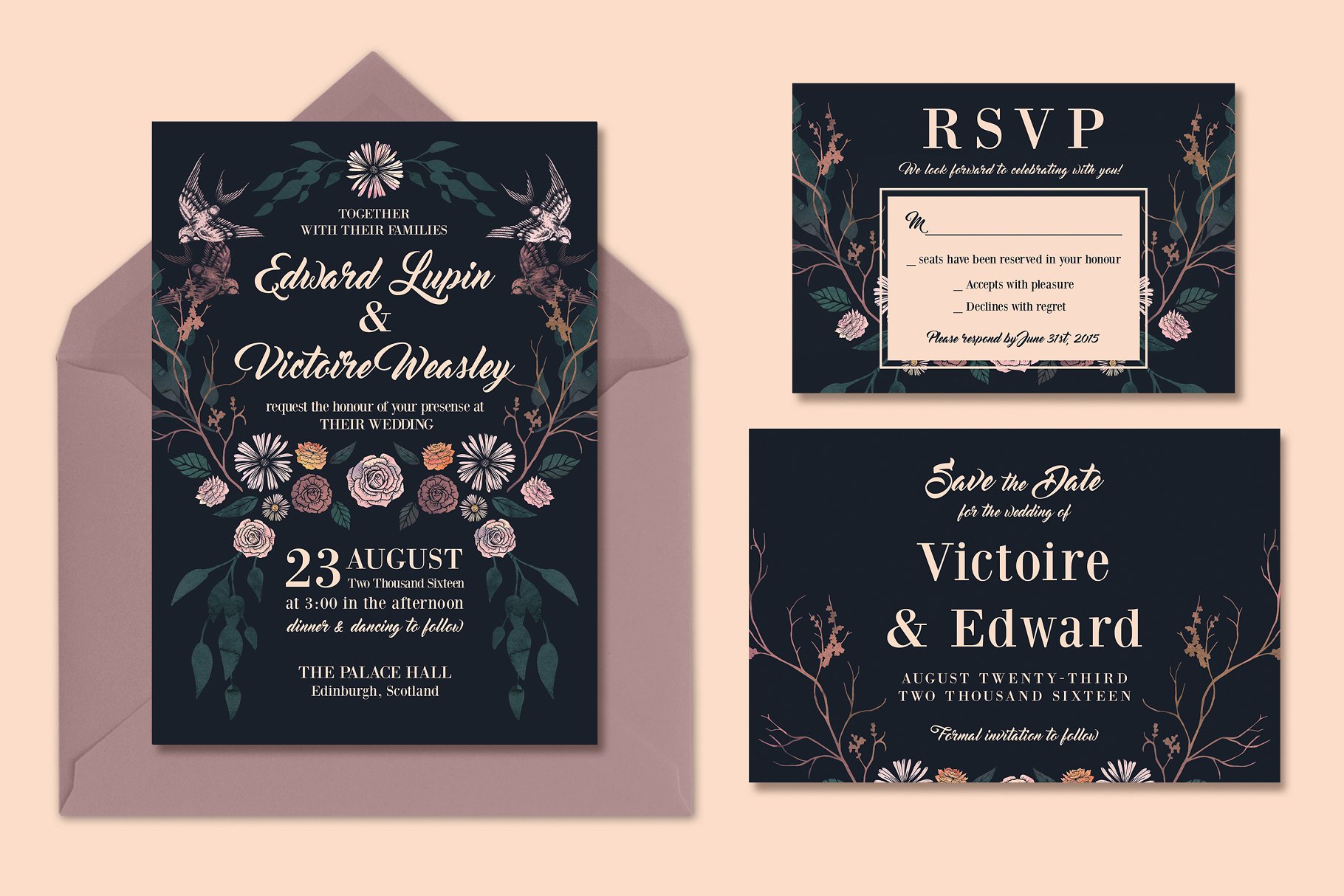 暗色调婚礼邀请函设计模板套装 Rich, Dark & Magical Wedding Suite插图