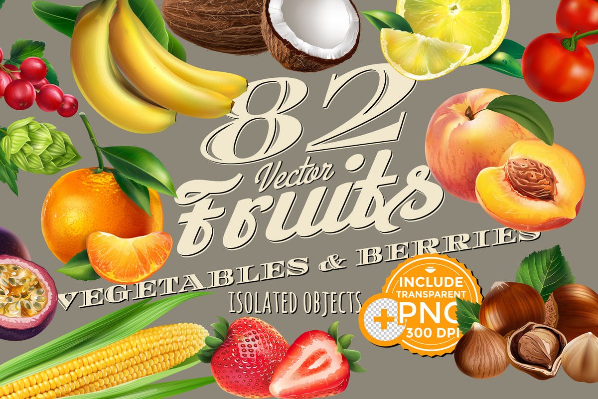 82张水果/浆果/蔬菜矢量剪贴画大合集 82 Fruits, Berries and Vegetables插图