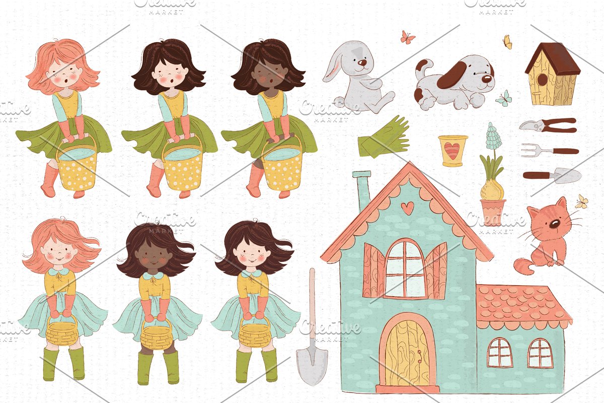 春天花园小女孩&花卉矢量图集插图(9)