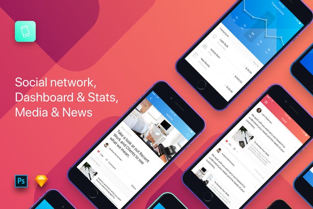 新闻社交/仪表盘/电商/音乐书籍多用途应用UI套件[附加应用介绍页UI] Flok – iOS UI Kit Template插图(2)