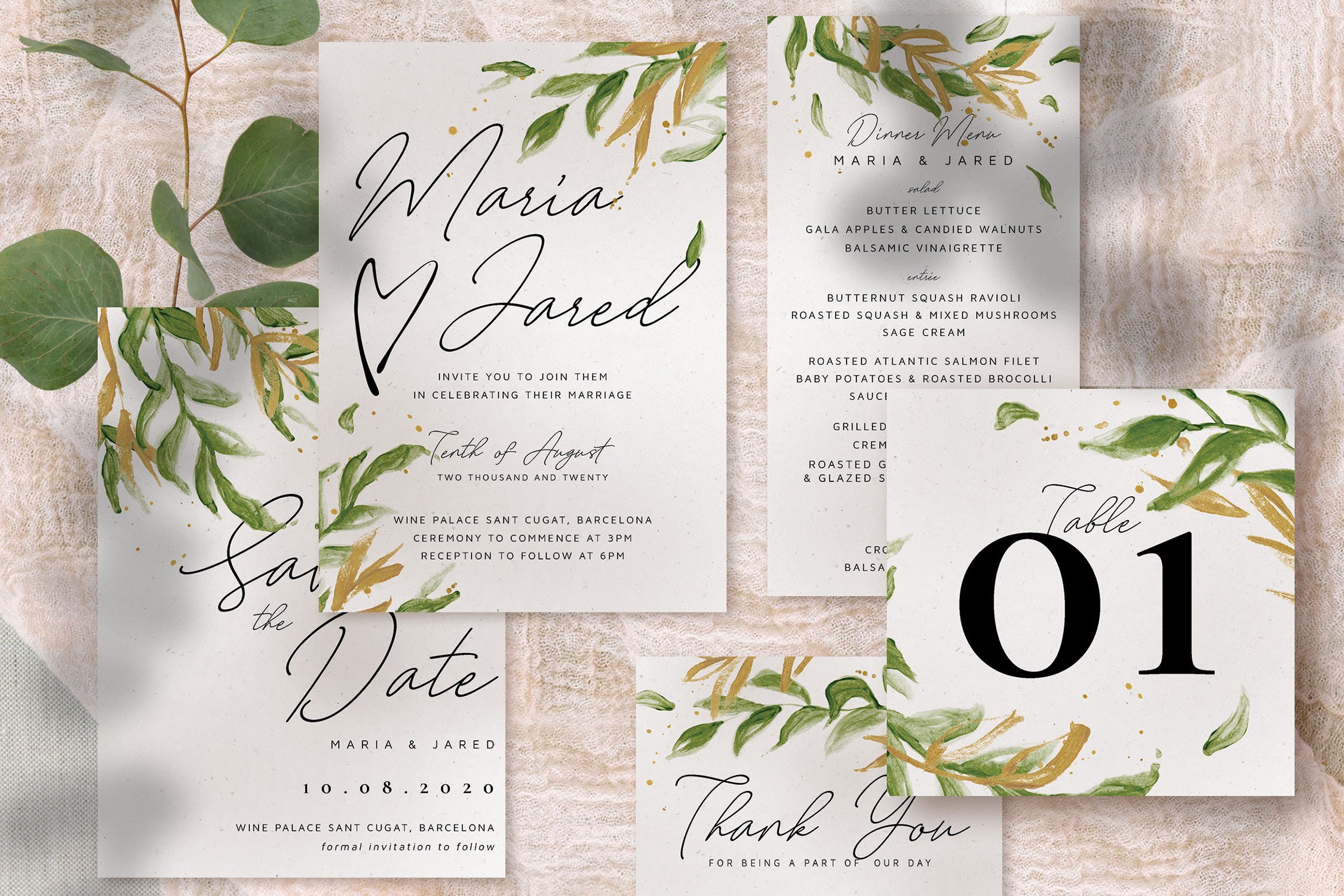 金绿色水彩手绘风格婚礼请柬邀请函设计模板 Gold Greenery Wedding Invitation Suite插图(2)