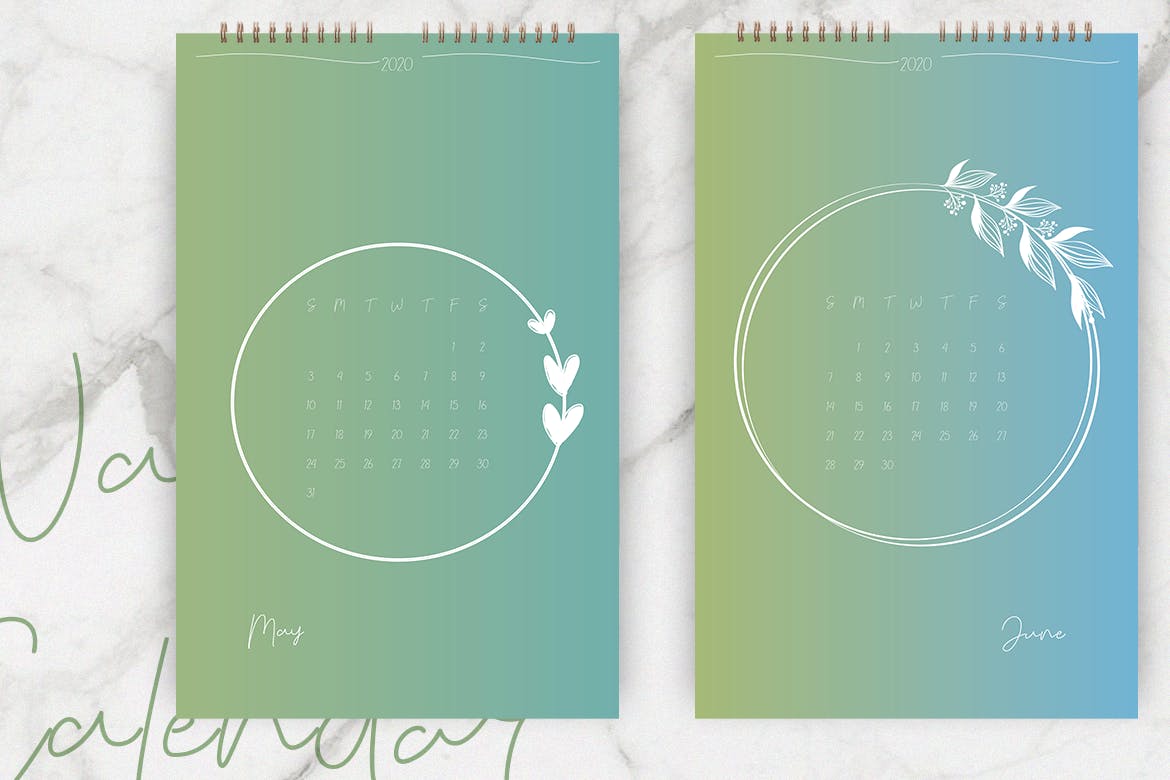 2020年简约植物手绘图案日历表设计模板 Wall Calendar 2020 Layout插图(4)