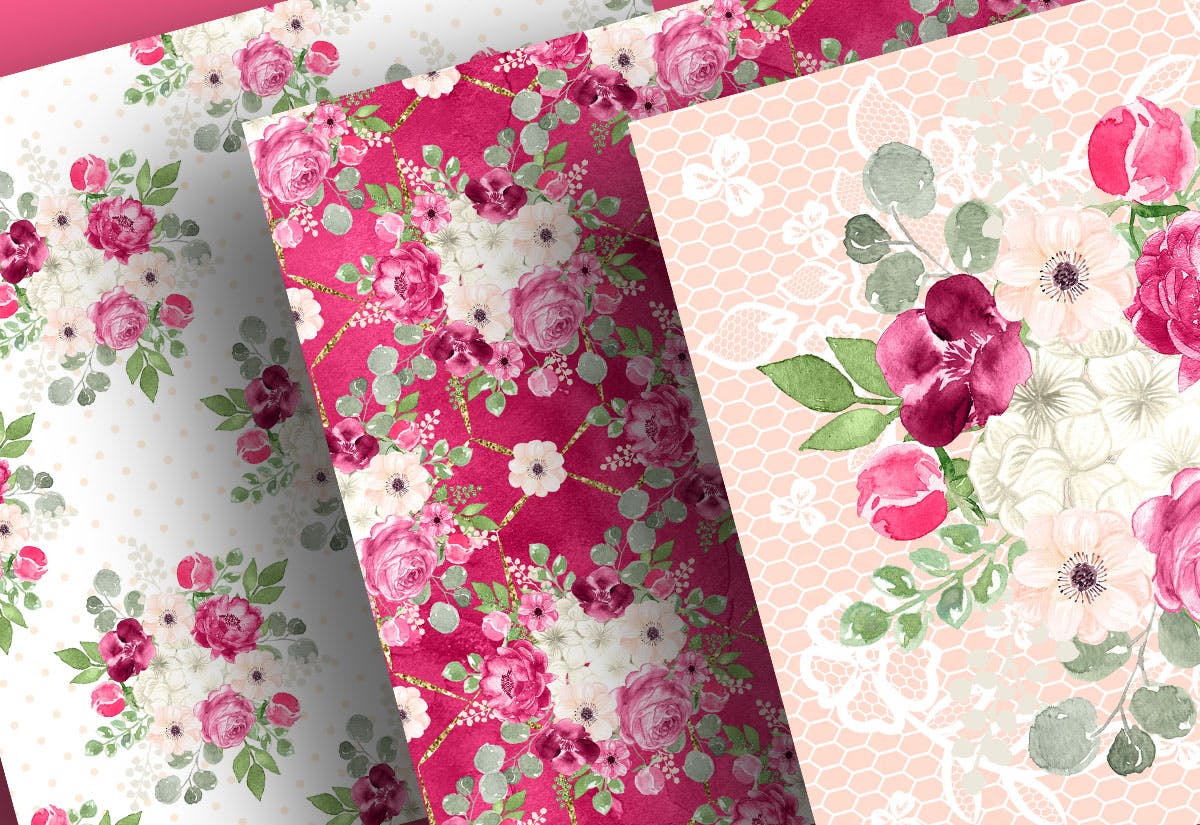 紫红色&绿色水彩手绘图案数码纸张设计素材 Watercolor Fuchsia And Green digital paper pack插图(1)