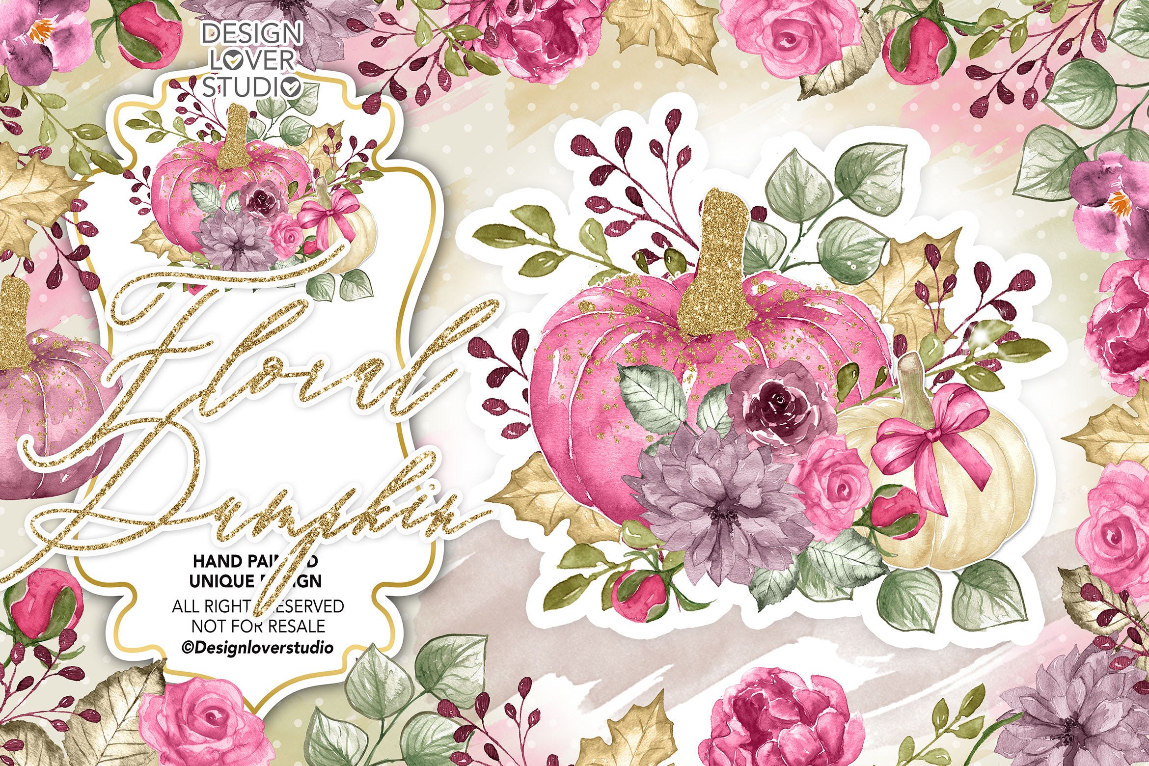 南瓜&花卉水彩剪贴画素材 Watercolor “Floral Pumpkin 2” clip arts插图