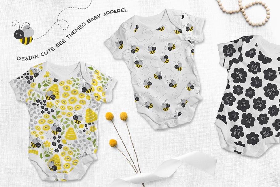 宝贝蜜蜂几何无缝矢量图案 Baby Bees Seamless Patterns插图(3)