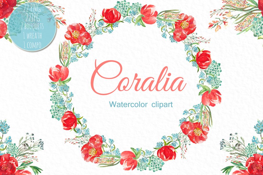 珊瑚牡丹&蓝色薄荷枝水彩剪贴画 Coral Peonies & blue mint branches插图(3)