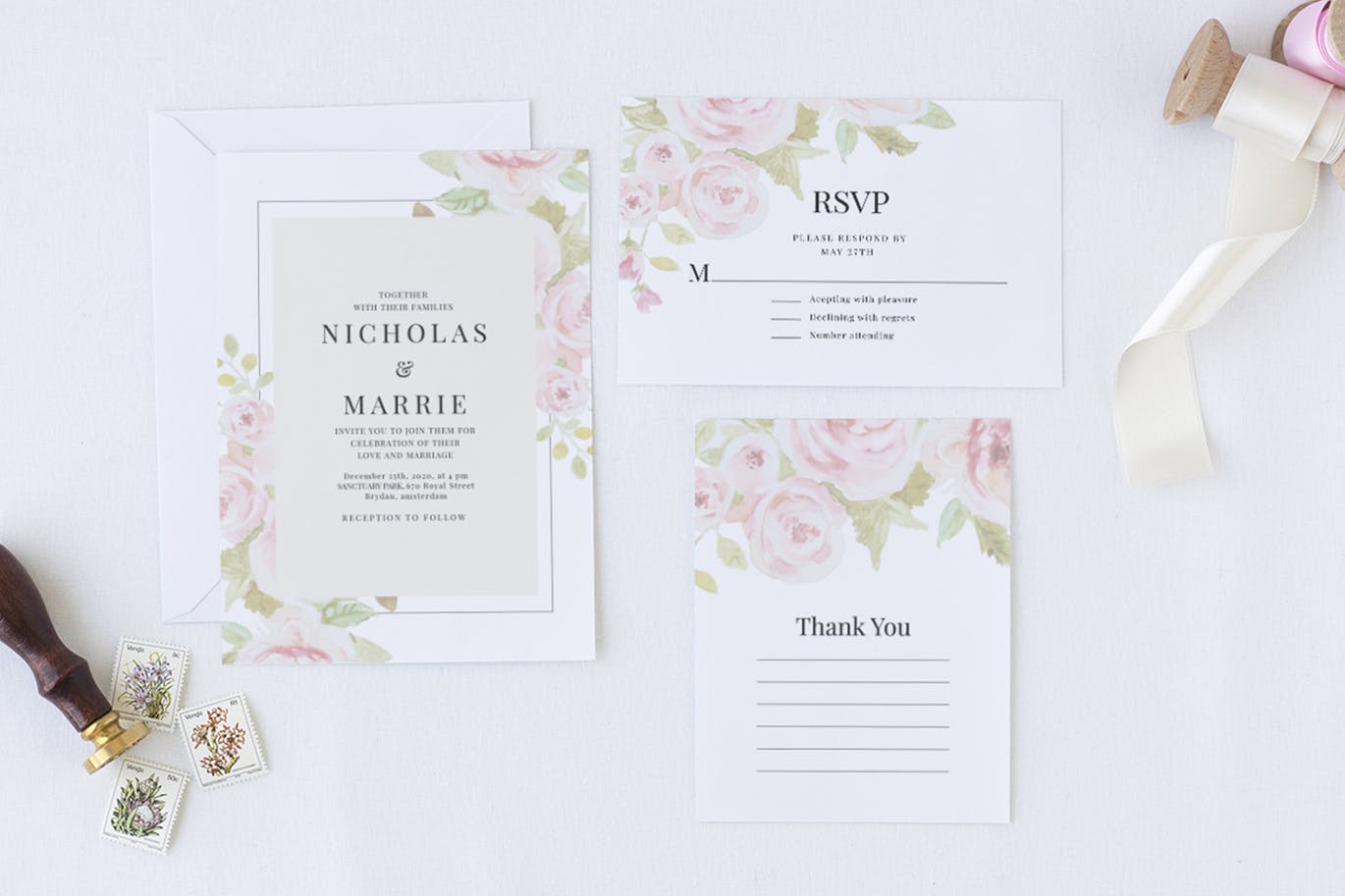 淡雅水彩背景婚礼邀请设计素材包 Set of Watercolor Wedding Suite插图(1)