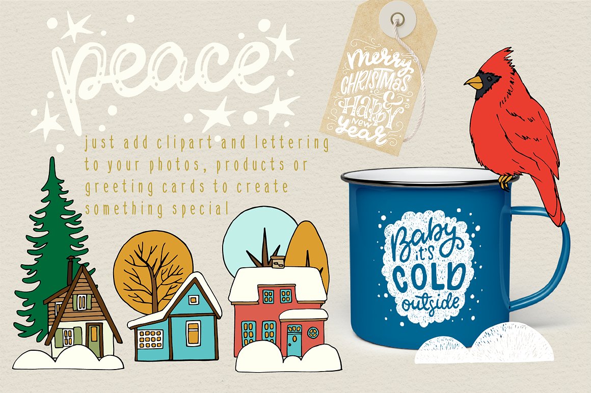 50个不同的手绘矢量剪贴画元素圣诞森林集合插图(5)