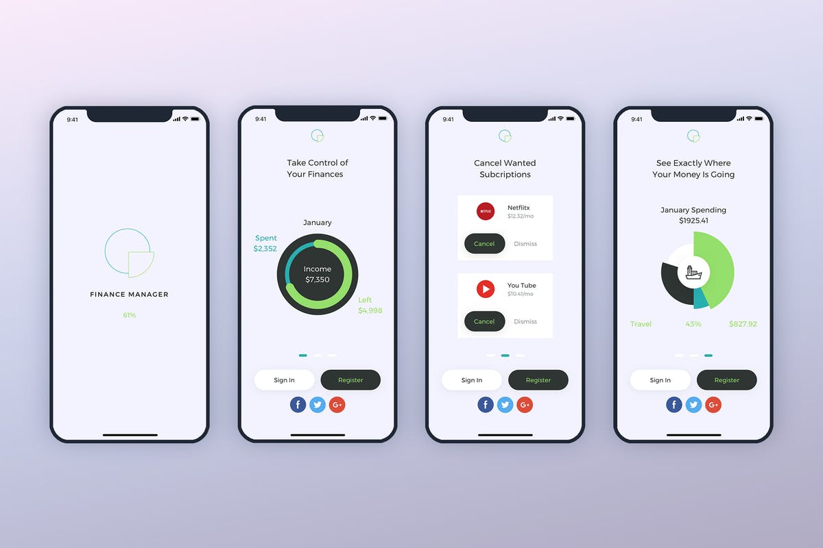 财务钱包手机APP应用UI设计套件 Launch Screens Walkthroughs Finance Mobile UI – FP插图