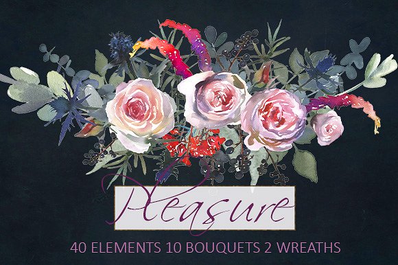 粉红玫瑰/蓝蓟水彩剪贴画 Pink Roses Blue Thistle Clipart插图(10)