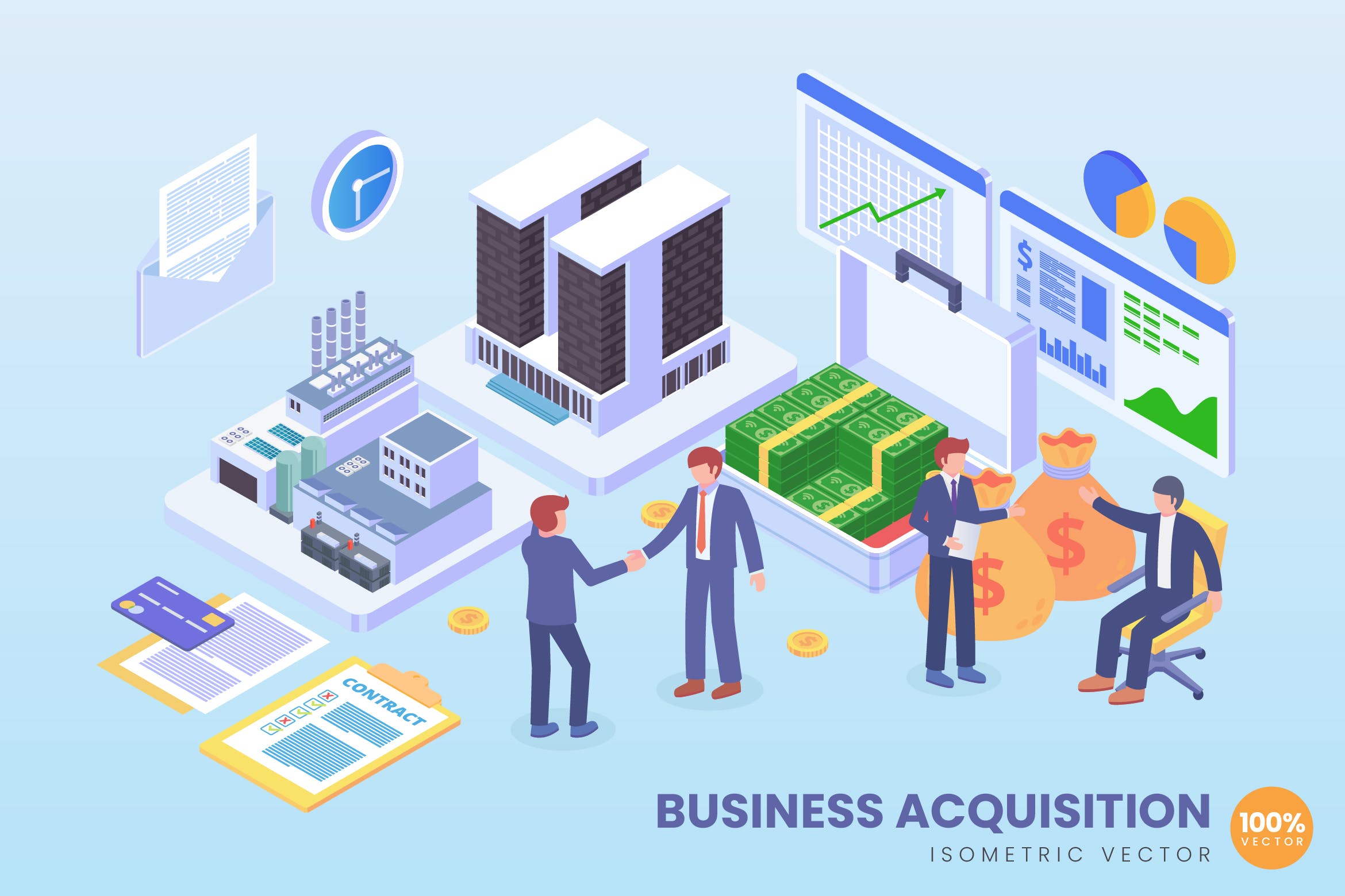 商业收购主题等距矢量素材库精选科技概念插画 Isometric Business Acquisition Technology Vector插图