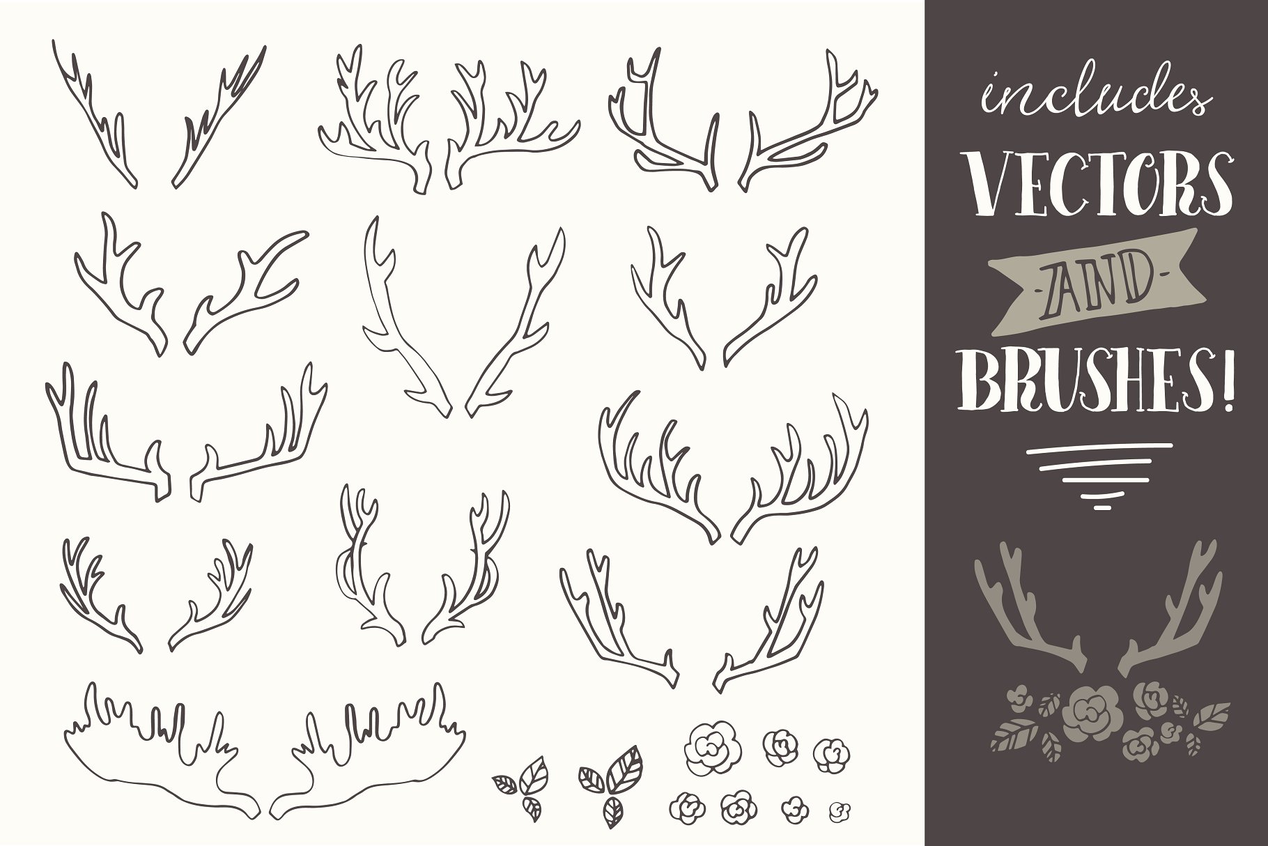 手绘鹿角圣诞元素矢量剪贴画 Hand Drawn Antlers Clip Art – Vector插图(1)