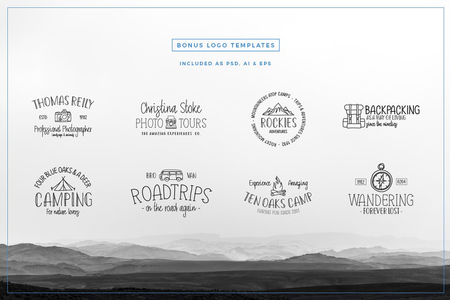 13款手写英文字体合集&Logo模板、矢量插画 Wonderland Fonts Pack & Branding Kit插图(10)