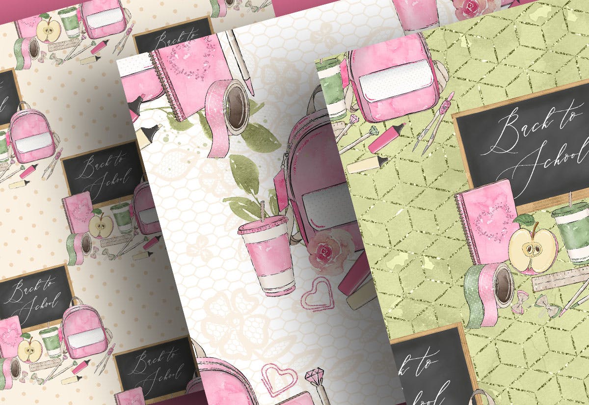 开学主题水彩手绘图案设计素材 Back to School digital paper pack插图(2)