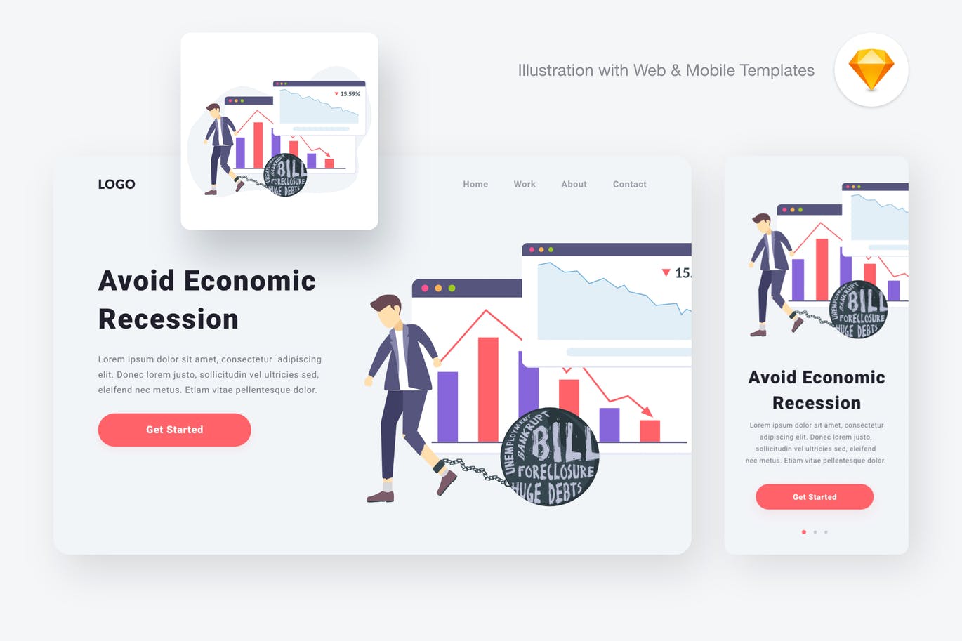 经济研究分析网站设计矢量插画素材[SKETCH&SVG] Economic recession illustration (Sketch & SVG)插图