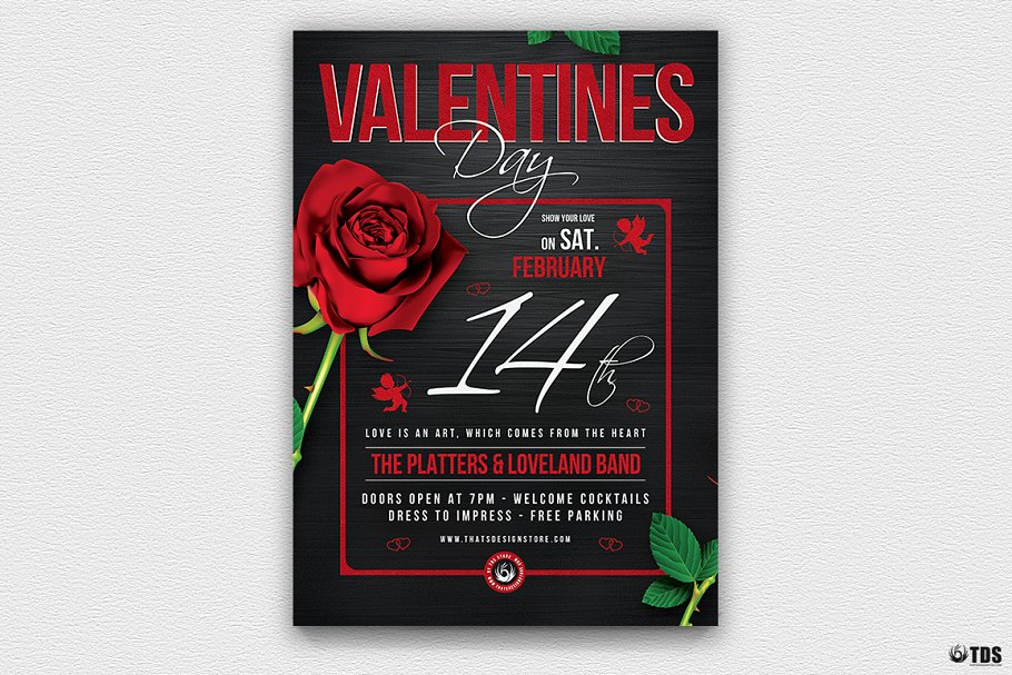 情人节活动玫瑰花元素海报传单PSD模板 V.15 Valentines Day Flyer PSD V15插图(1)