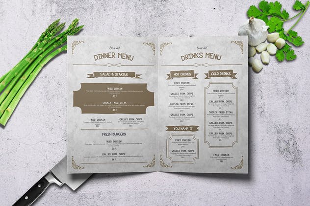 A4规格对折复古风格菜单食谱模板 A4 Bifold Vintage Wild Food Menu插图(2)
