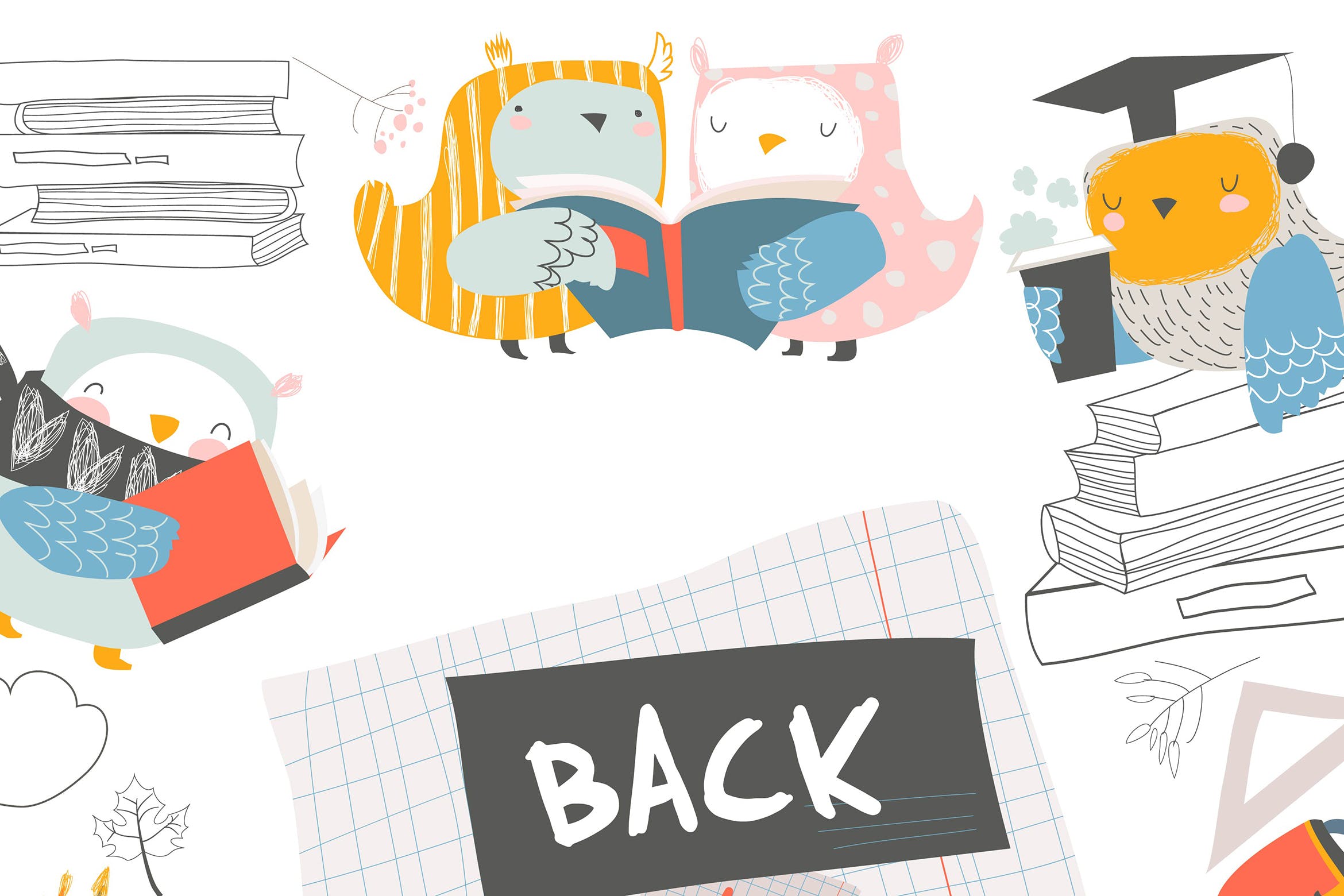可爱卡通猫头鹰开学季设计矢量插画素材 Vector cute frame composed of cute owls with books插图