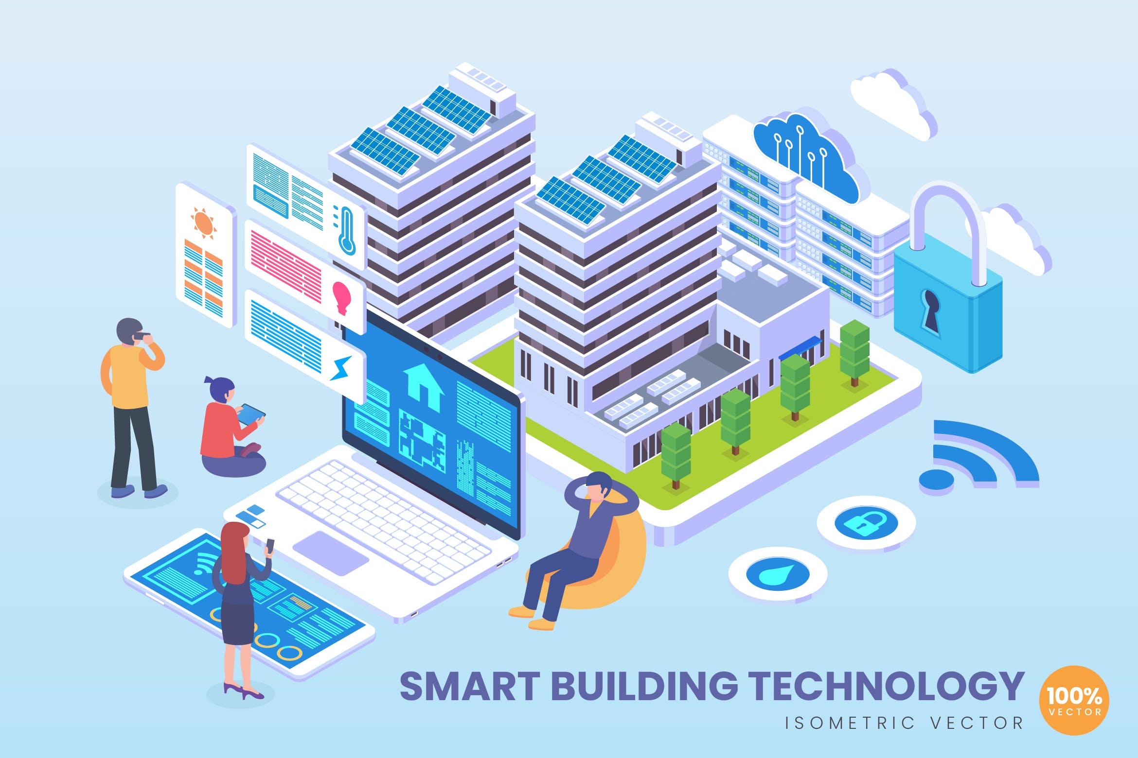 智能建筑技术等距矢量科技素材库精选概念插画v1 Isometric Smart Building Technology Vector Concept插图