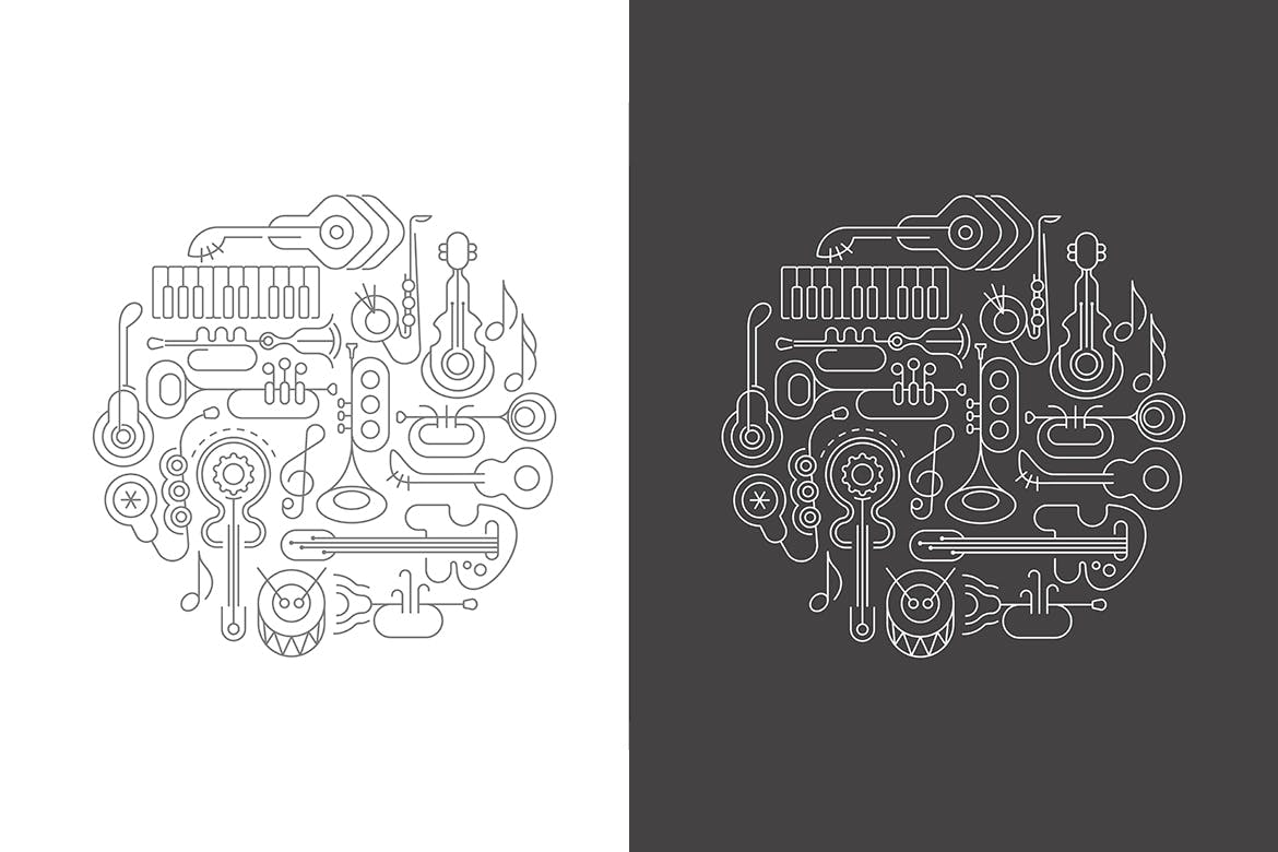 霓虹设计风格音乐乐器主题圆形矢量插画 Musical Instruments Neon round shape vector design插图(4)