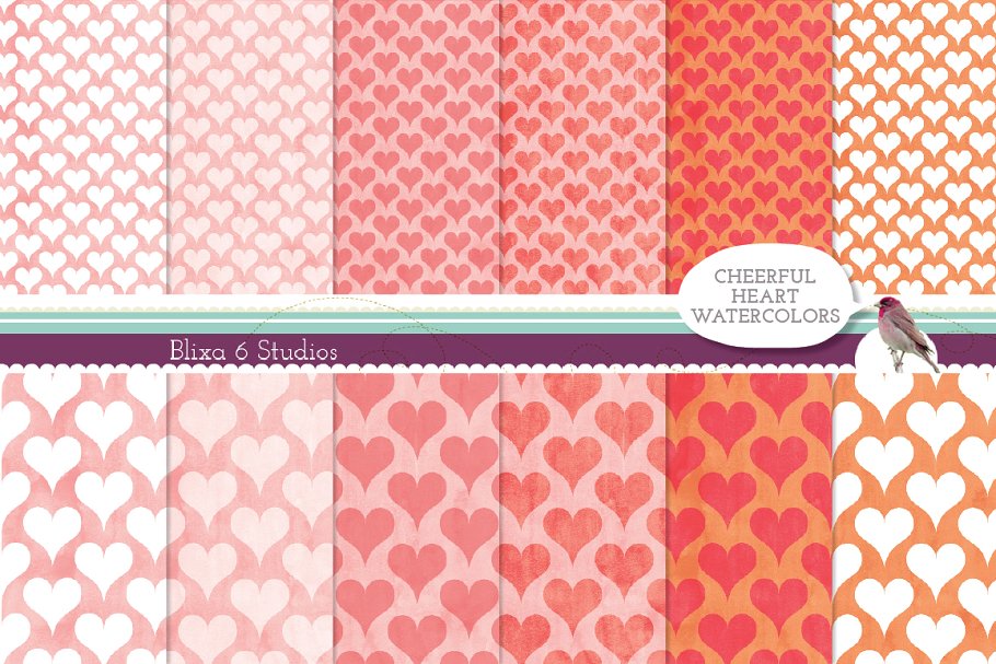 水彩爱心/红心无缝纸质背景 Cheerful Heart Watercolor Papers插图