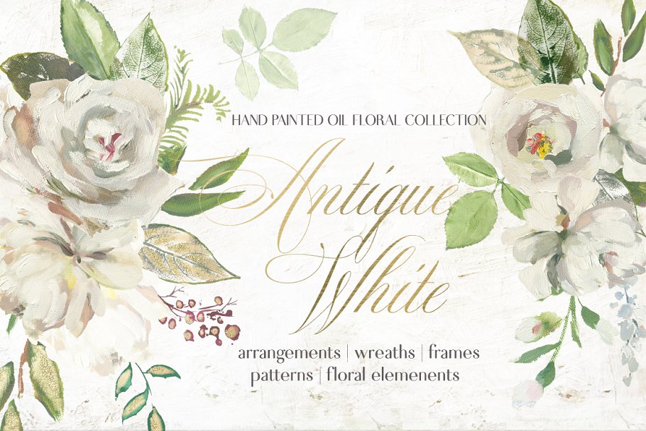 复古白色手绘花卉设计素材 Antique White Hand Painted Flowers插图