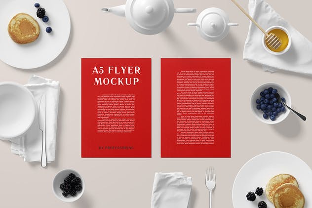 A5品牌传单印刷品样机模板 A5 Portrait Flyer Mockup – Breakfast Set插图(5)