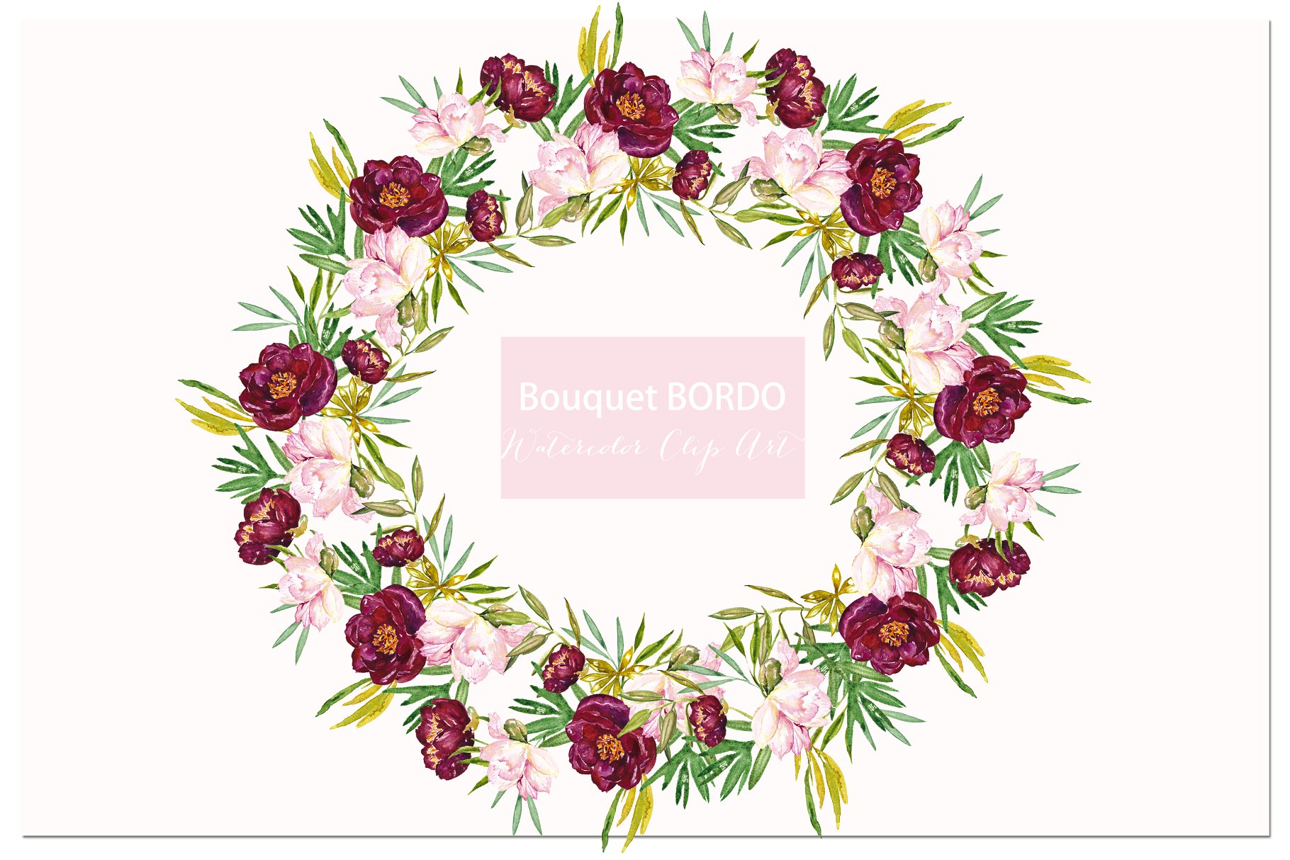 水彩牡丹花卉剪纸艺术数字剪贴画 Peony Bordo. Watercolor Clipart.插图(4)