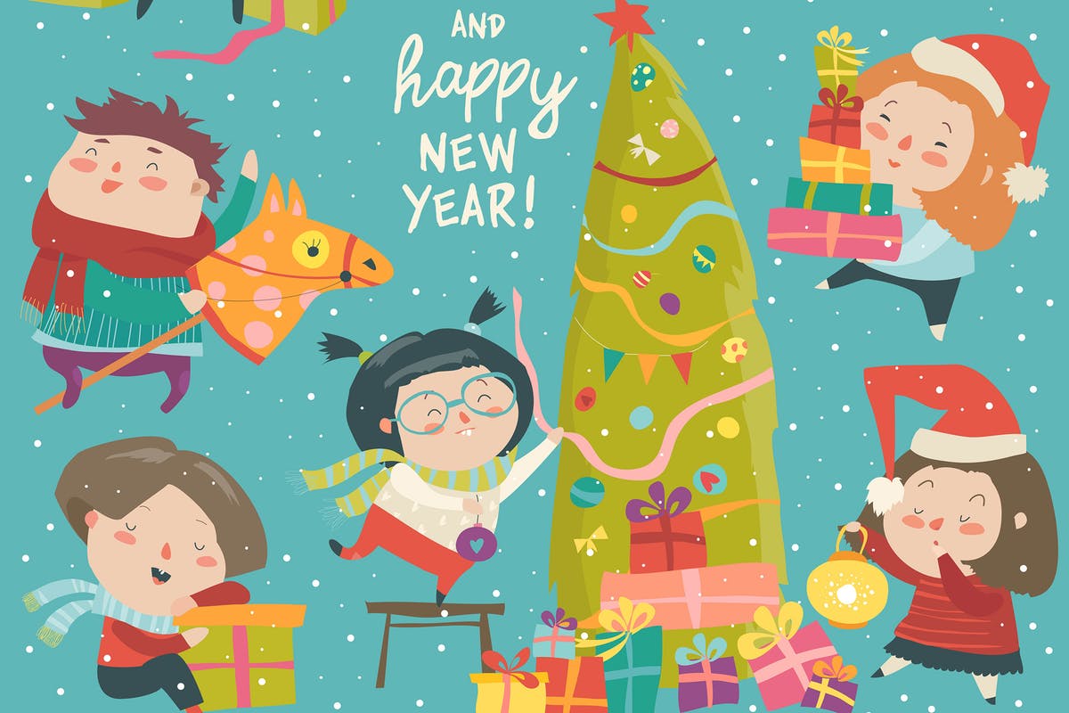 快乐卡通儿童圣诞装饰品矢量插画 Happy cartoon children with Christmas decor.插图