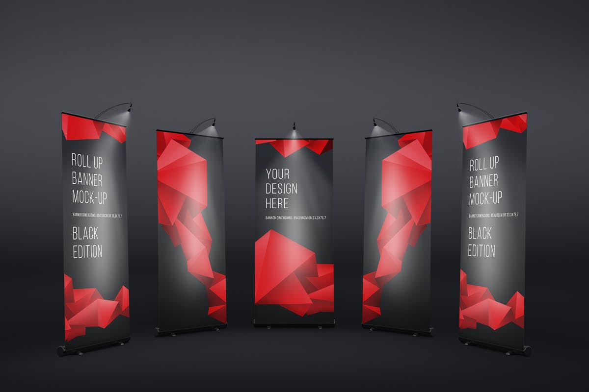 创意广告设计X展架样机模板 Roll Up Black Banner Mock-Up插图