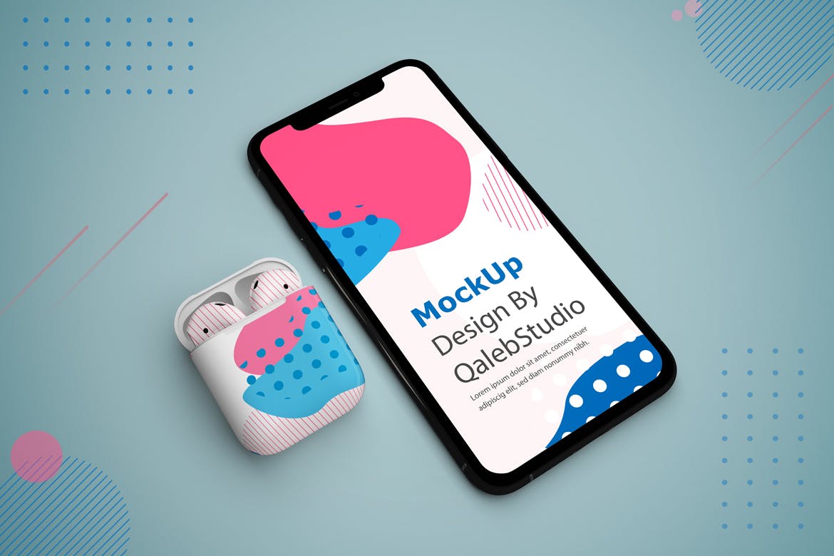 抽象设计风格iPhone 11手机&AirPods耳机素材库精选样机模板 Abstract iPhone 11 & AirPods Mockup插图(6)