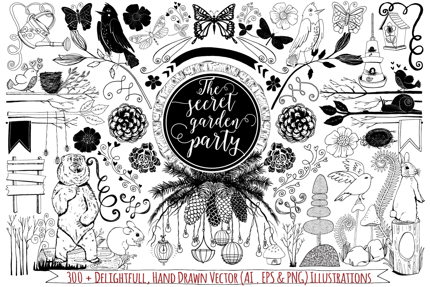 森林动物异想天开花园手绘设计元素 Woodland Animals Whimsical Garden插图