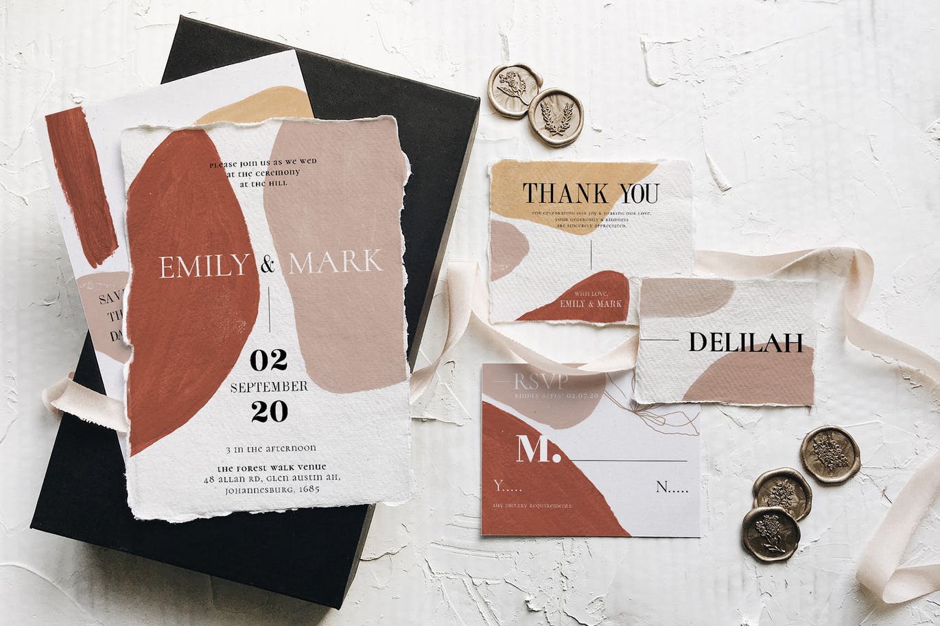 现代抽象水彩图案撕纸风格婚礼邀请设计套件 Modern Abstract Wedding Suite插图(3)