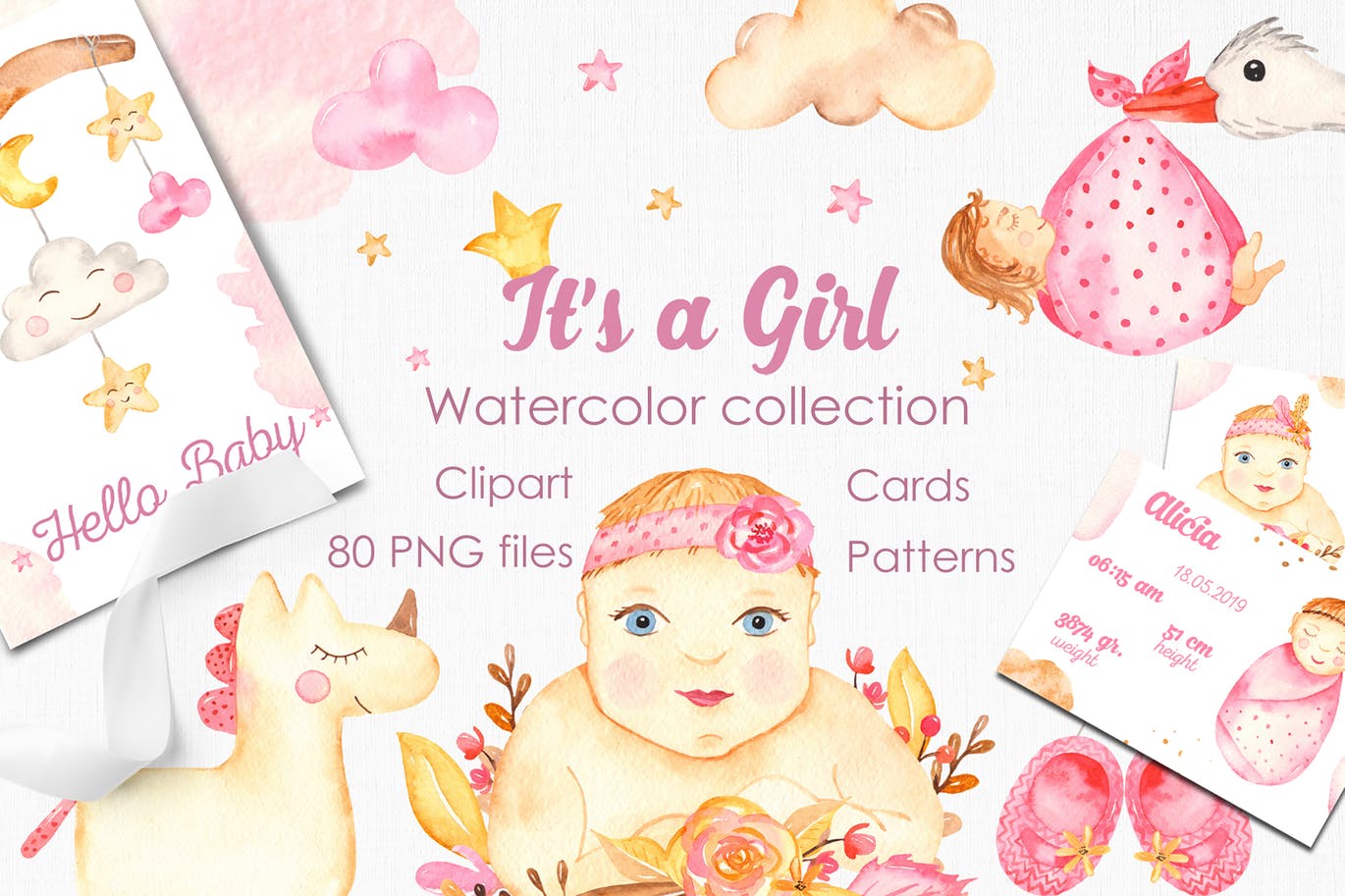 女新生儿婴儿水彩手绘矢量剪贴画/卡片/无缝图案背景素材 It’s a girl watercolor clipart, cards, patterns插图