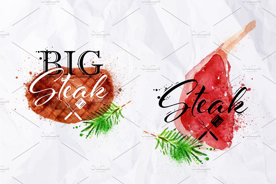 牛排/鱼排/鸡排等肉类水彩矢量插画 Set watercolor steak插图(4)