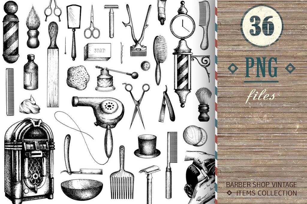 36枚复古手绘理发工具主体高清素材下载[png]插图(1)