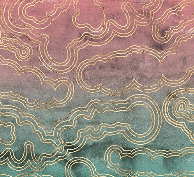 金色大理石石纹波纹背景纹理 Tourmaline Sliced Gold & Watercolors插图(3)